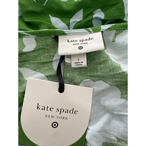 Classic Rose Linen Long Sleeve Dress Green Light Blue Sz Large Kate Spade NY NWT - Picture 6 of 7